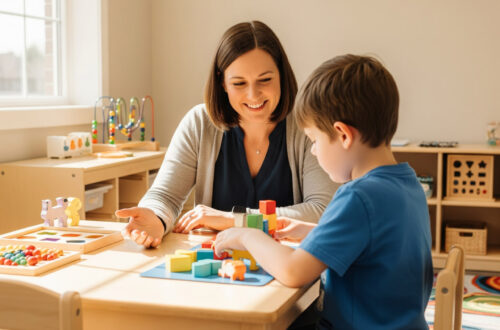 Supportive one-on-one ABA Therapy session in York Region showing a therapist and child working with blocks to build foundational skills, illustrating the difference between ABA Therapy vs Social Skills York Region.
