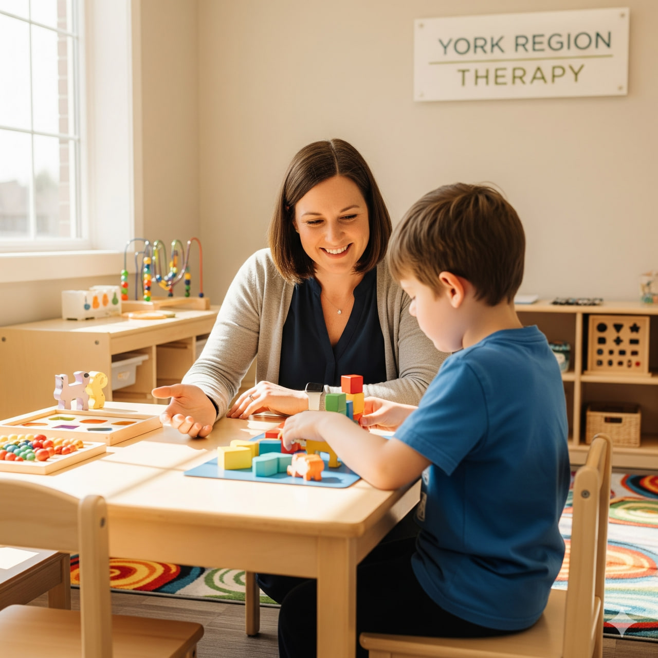 Supportive one-on-one ABA Therapy session in York Region showing a therapist and child working with blocks to build foundational skills, illustrating the difference between ABA Therapy vs Social Skills York Region.